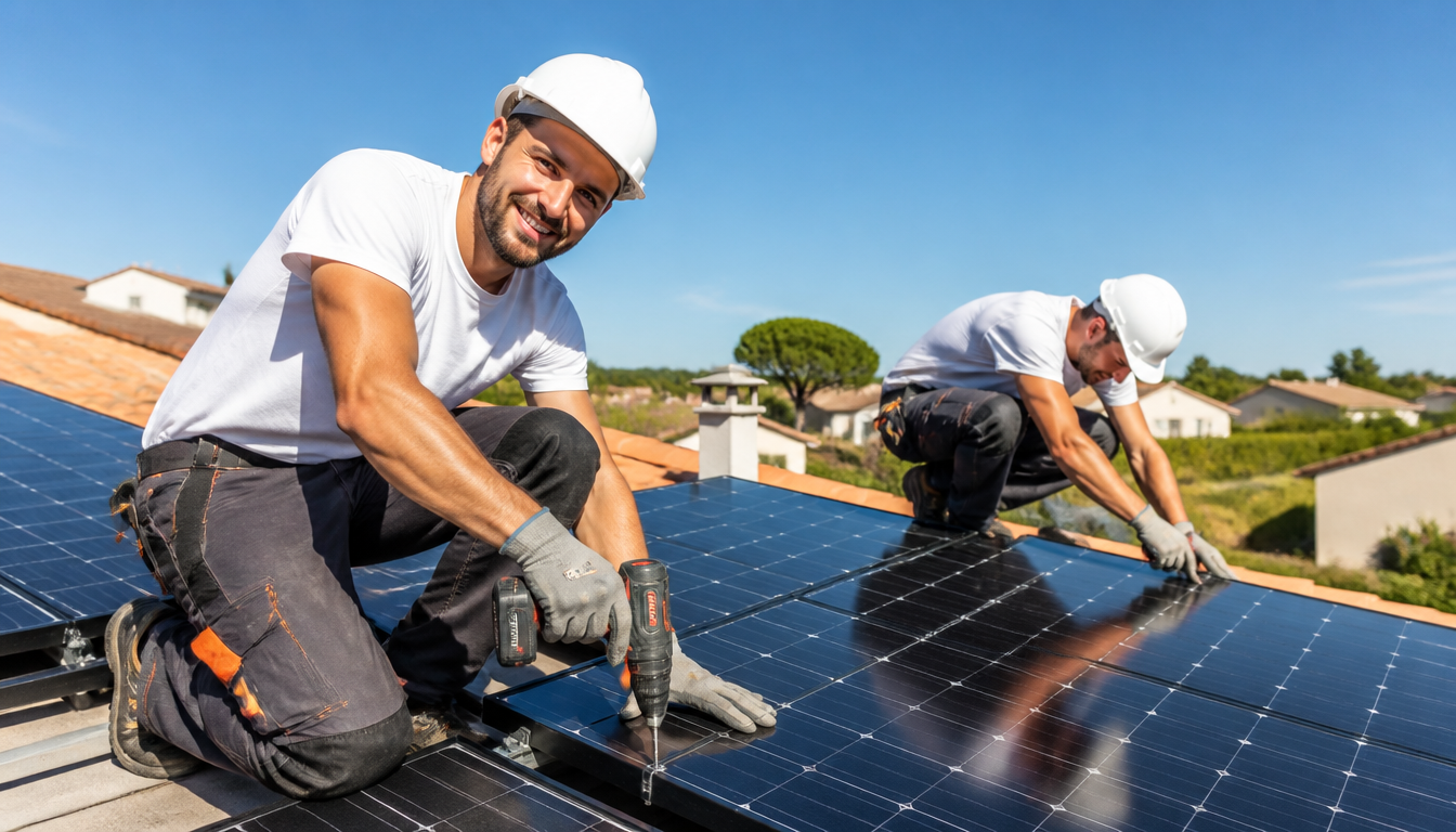 Techniciens Groupe Mayrone Energy sur un toit équipé de panneaux solaires